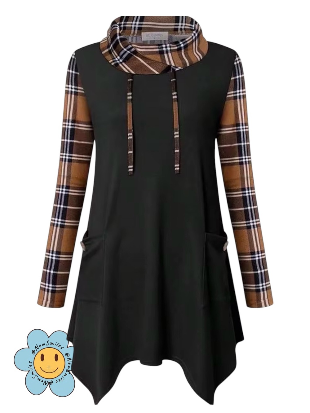 Bulotus ~ Black ~ Tunic ~ Sweater w/ Brown Plaid Sleeves & Cowl Neck